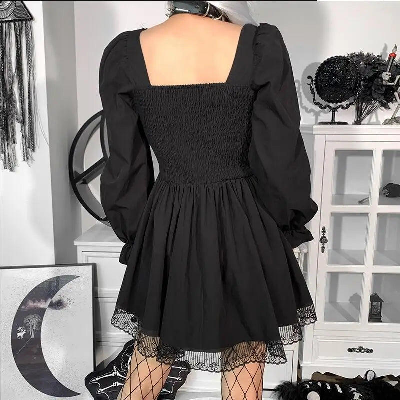 Shadowlass  -  Lolita Princess Black Gothic Sexy Mini Bad Girl Dress Kawaii High Waist Puff Sleeve Lace Ruffles Party Robe Women Dresses w885