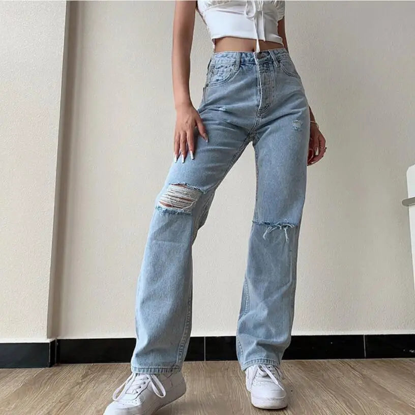 Shadowlass  -  Women's Jeans Large Size Boyfriend y2k Denim Pants Female High Waist Mom Ripped Jeans Stright Trousers w141