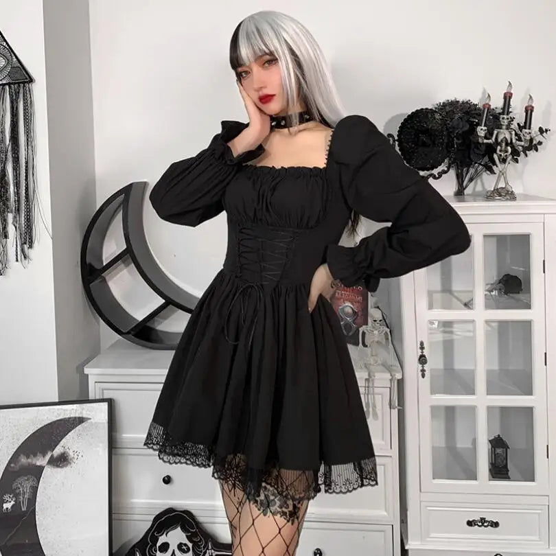 Shadowlass  -  Lolita Princess Black Gothic Sexy Mini Bad Girl Dress Kawaii High Waist Puff Sleeve Lace Ruffles Party Robe Women Dresses w885