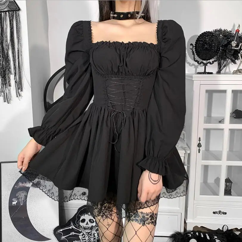 Shadowlass  -  Lolita Princess Black Gothic Sexy Mini Bad Girl Dress Kawaii High Waist Puff Sleeve Lace Ruffles Party Robe Women Dresses w885