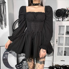 Shadowlass  -  Lolita Princess Black Gothic Sexy Mini Bad Girl Dress Kawaii High Waist Puff Sleeve Lace Ruffles Party Robe Women Dresses w885