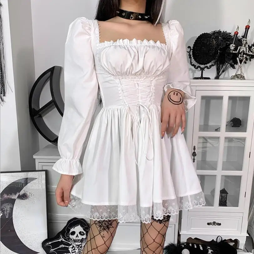 Shadowlass  -  Lolita Princess Black Gothic Sexy Mini Bad Girl Dress Kawaii High Waist Puff Sleeve Lace Ruffles Party Robe Women Dresses w885