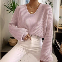 cute school outfits for middle school Autumn New Solid Color V-neck Lantern Long-Sleeved Sweater Sweater Women's Pullover