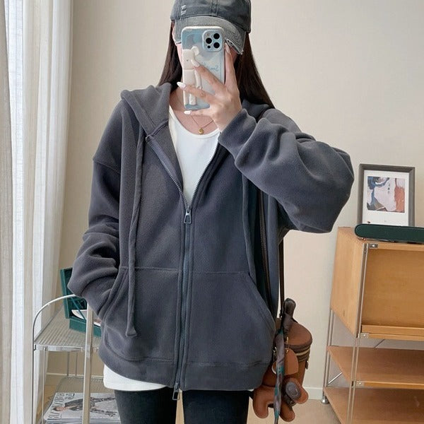 comfy school outfits High Weight Skin-Friendly Soft Double-Sided Granular Fleece Loose Western Style Hooded Sweater Coat for Women Autumn and Winter New F010513