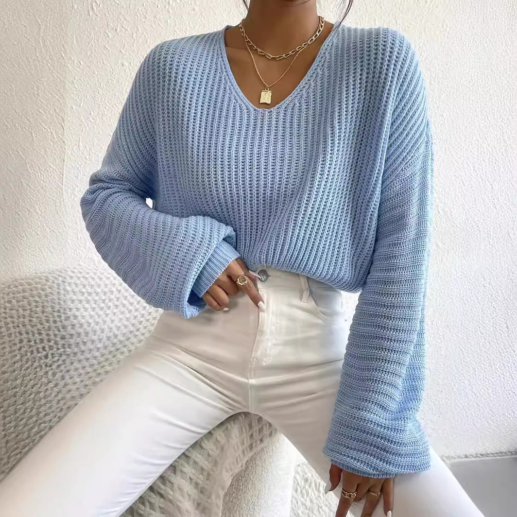 cute school outfits for middle school Autumn New Solid Color V-neck Lantern Long-Sleeved Sweater Sweater Women's Pullover