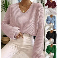 cute school outfits for middle school Autumn New Solid Color V-neck Lantern Long-Sleeved Sweater Sweater Women's Pullover