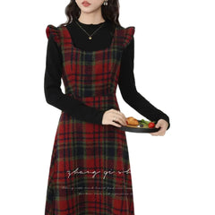 Shadowlass  -  Korea Chic Feminine Vestidos Women Ruffles Elegant Retro Cute Vintage Woolen Red Plaid Shirt Dress