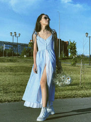 Shadowlass  -  French Chic Maxi Dresse Elegant Summer Blue Plaid Party Women Dress Backless Vocation Sexy Casual Ladies Dress Vestido