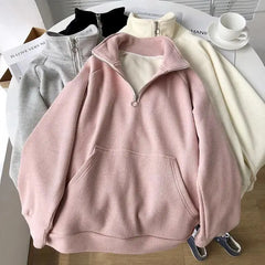 Shadowlass  -  Waffle Sweatshirt Women Stand Collar Half Zipper Fleece Hoodie Oversized Loose Pullover Autumn Winter Elegant Grunge Female Top