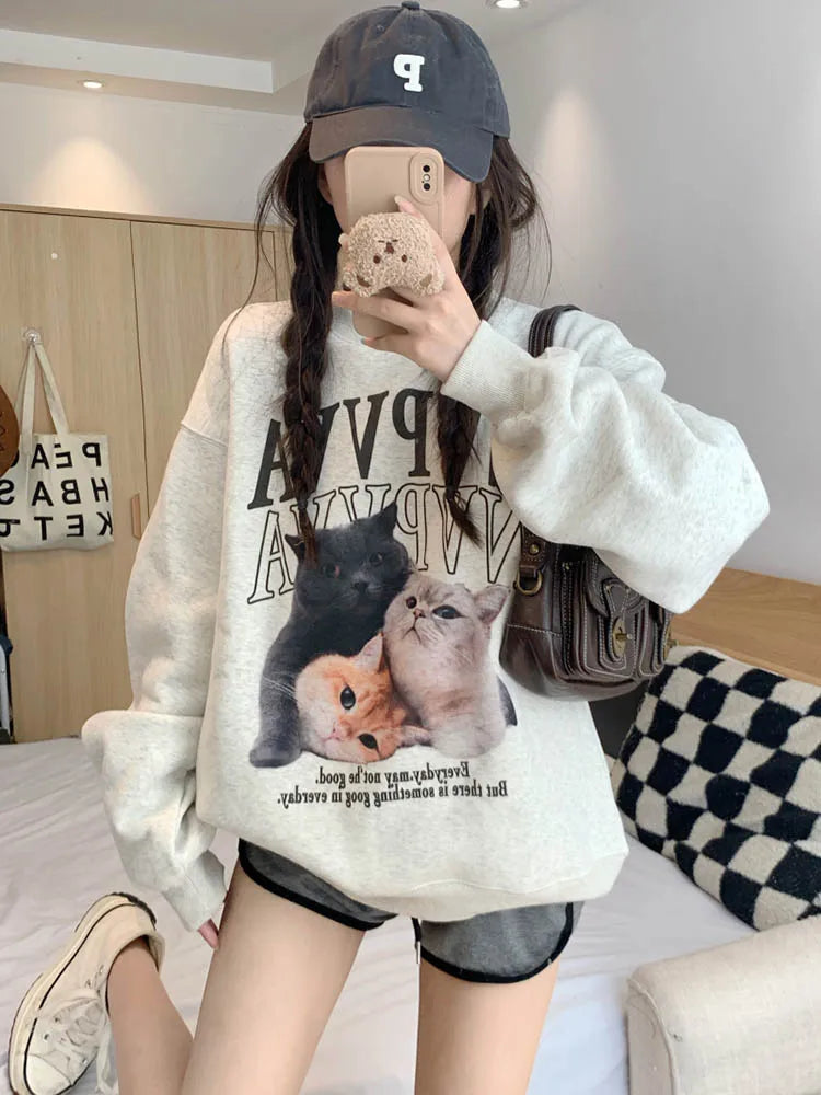 Shadowlass  -  Winter Clothes Women Cat Printed Long Sleeve Sweatshirt Hoodie Loose Casual Hoodies Pullovers O-Neck Kpop Kawaii Clothes TOPS