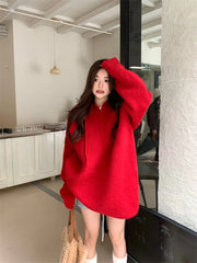 Shadowlass  -  Sweet Hot Girl Red Hooded Sweater Women's Autumn/Winter Half Zipper Christmas Loose Long-sleeved Knitted Pullover Female Clothes