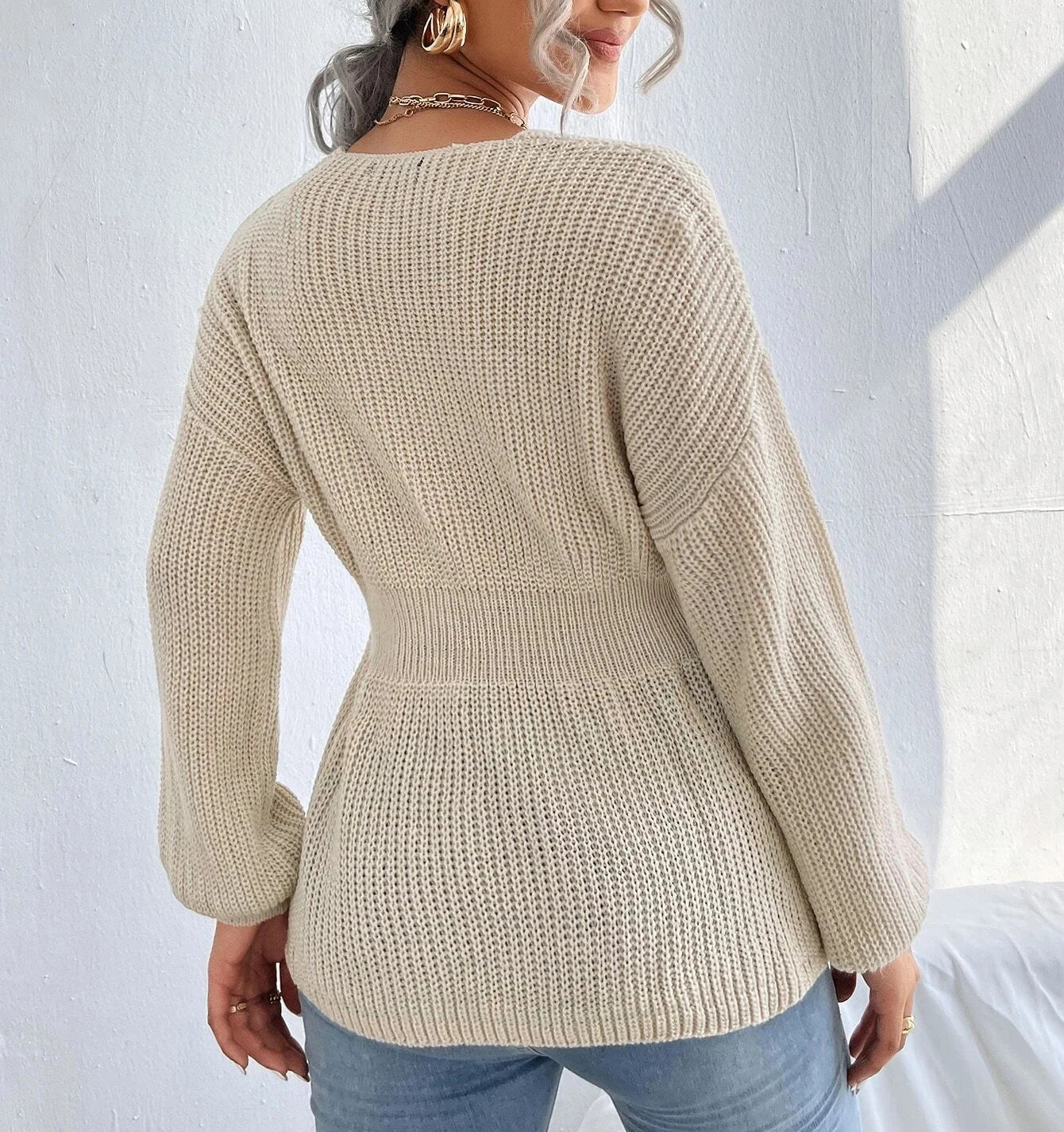 Shadowlass  -  Knitted Fashion Sweaters Autumn Notched V Neck Sweater Knitted Top Casual Cinched Waist Long Sleeve Sweater Women's Clothing