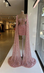 Shadowlass  -  Glitter Pink Prom Dresses Long Sleeves Sequins Mini Evening Dress Custom Made Above Knee Length Party Gown