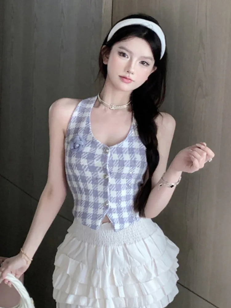 Shadowlass  -  High Quality Sleeveless Sexy Small Fragrance Tweed Vest Elegant Fashion Women Woolen 3D Flower Crop Top Lady Slim Sweet Tops