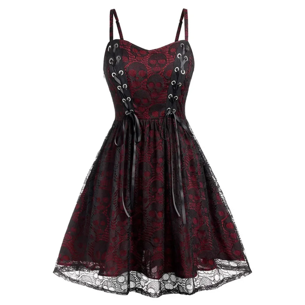 Shadowlass  -  Women's Sleeveless Punk Dress Camisole Skull Print Lace Swing Dress Halloween Spaghetti Strap Steampunk Dress Goth Clothes