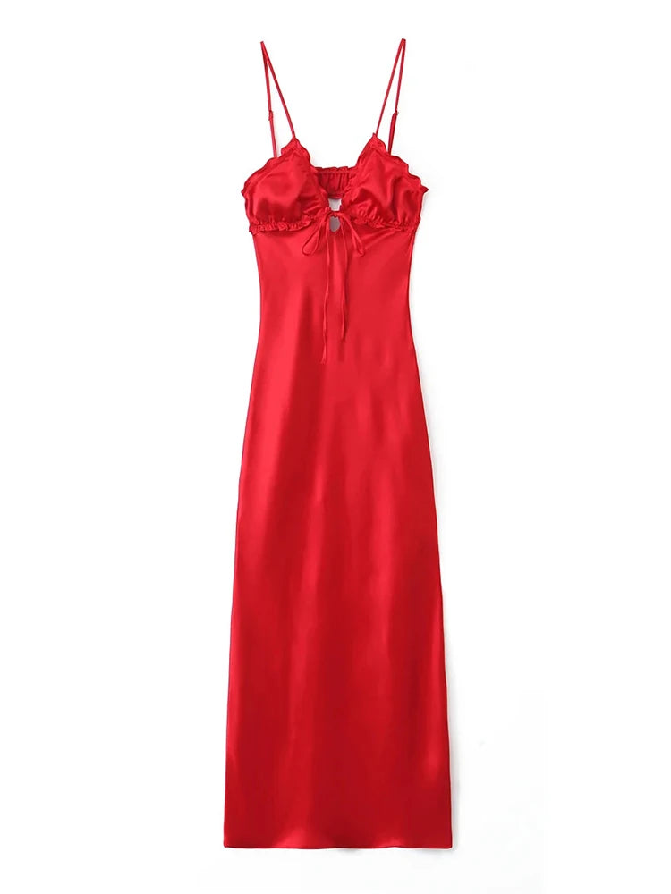 Shadowlass  -  Ruffles Tie Up Satin Dress Women Elegant Maxi Long Summer Party Dress Spaghetti Strap Red Sexy Sundress Vestidos