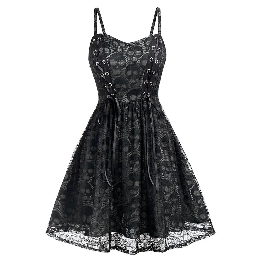 Shadowlass  -  Women's Sleeveless Punk Dress Camisole Skull Print Lace Swing Dress Halloween Spaghetti Strap Steampunk Dress Goth Clothes