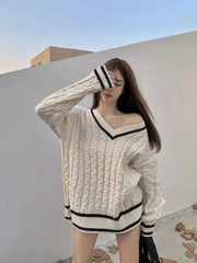 Shadowlass  -  Korean College Style Mid-length Sweater for Women's Autumn V-neck Loose and Versatile Casual Knitted Top Fashion Female Clothes