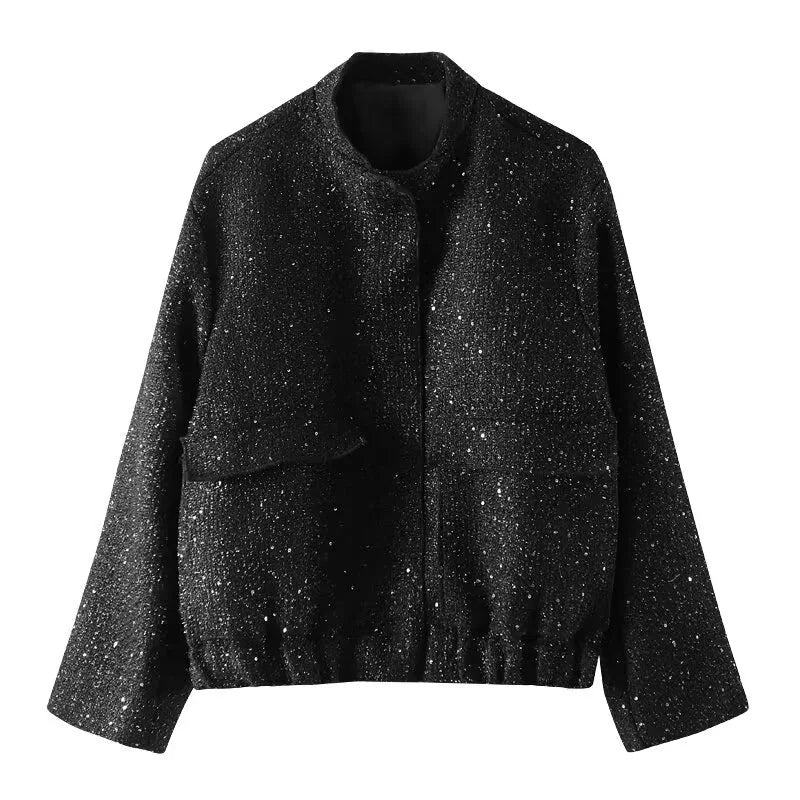 Shadowlass  -  Women's Jacket New Spring and Autumn Gold Thread Bead Plush Jacket Women's Fashion Personal Sequin Standing Collar Loose Jacket