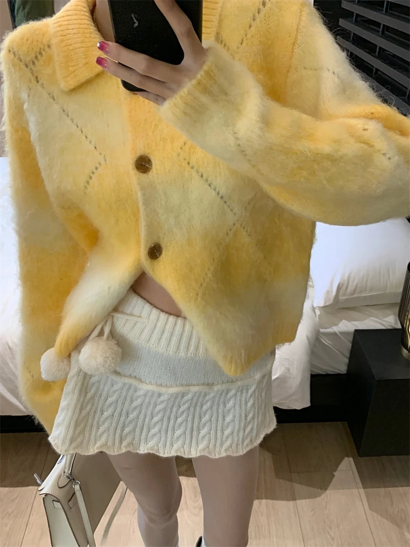 Shadowlass  -  French Sweet Hot Girl Knitted Cardigan Women's Autumn/Winter Gradient Long-sleeved Loose Sweater Coat Fashion Female Clothes