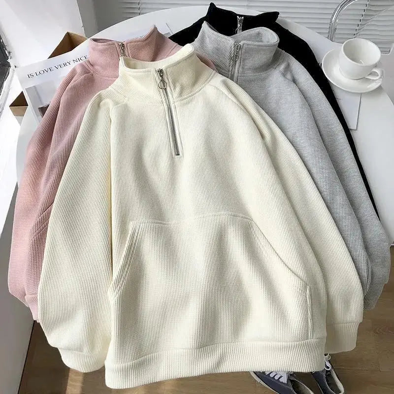 Shadowlass  -  Waffle Sweatshirt Women Stand Collar Half Zipper Fleece Hoodie Oversized Loose Pullover Autumn Winter Elegant Grunge Female Top