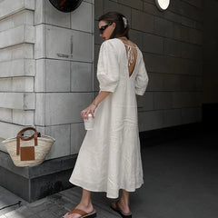 Shadowlass  -  Original V-neck Cotton Linen Backless Dress Spring and Summer Women's Casual Loose Waist Bubble Sleeves A-line Sling Beach Dress