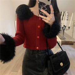 Shadowlass  -  Sweet Hot Girl Fur Patchwork Turn-down Collar Sweater for Women's Winter Flared Sleeves Short Knitted Pullover Female Clothes