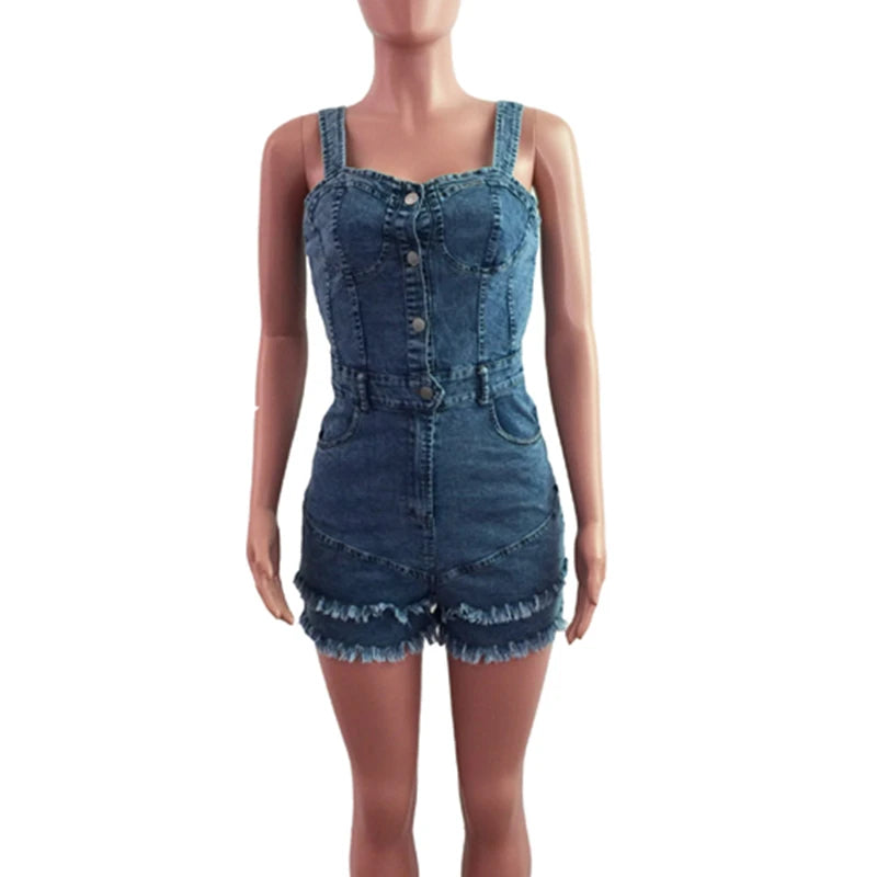 Shadowlass  -  Sexy Front Open Wide Strap Burrs Tassel Slim Cotton Jeans Jumpsuit Denim Playsuit Women Short Rompers Elegance Summer Woman Lady