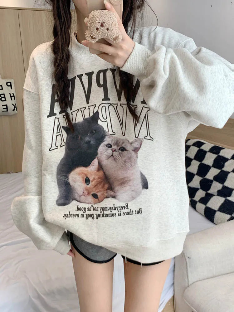 Shadowlass  -  Winter Clothes Women Cat Printed Long Sleeve Sweatshirt Hoodie Loose Casual Hoodies Pullovers O-Neck Kpop Kawaii Clothes TOPS