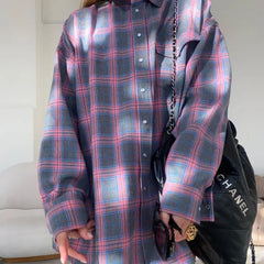 Shadowlass  -  Women's Retro Plaid Long Sleeved Shirt Spring and Autumn Women's Loose Cotton Blend Pocket Casual Versatile Long Sleeved Jacket