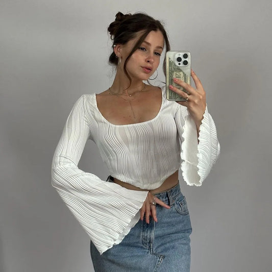 Shadowlass  -  Asymmetric Flare Sleeve Texture Square Neck Tops for Women Fashion Sexy Slim Cropped Tops Pullover Fall Clothes