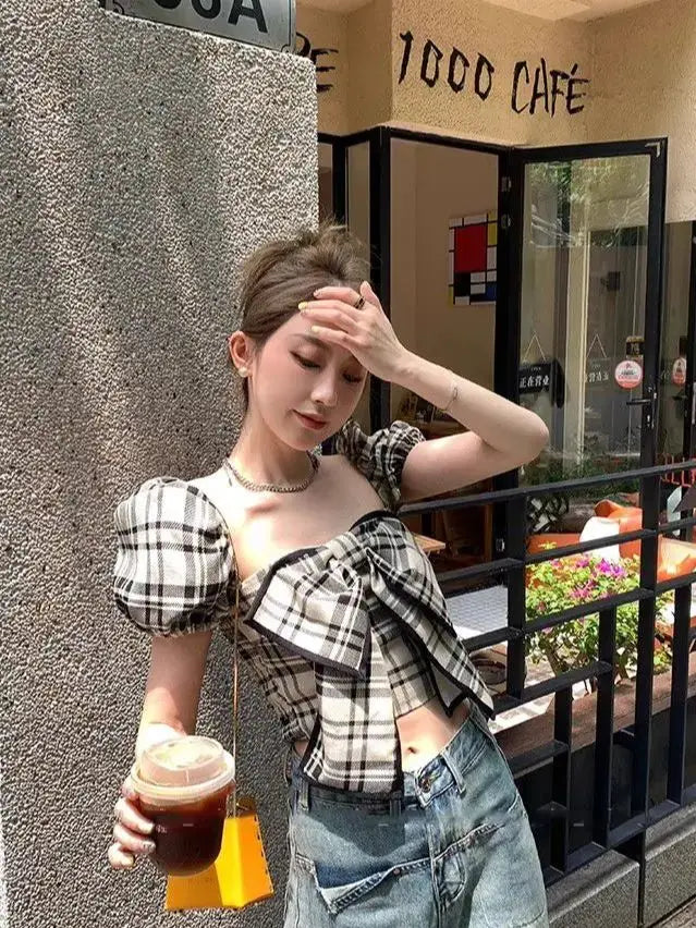 Shdowlass  -  Summer Plaid Bow Plaid Blouses Women Cute Bow Design Vintage Crop Tops Female Puff Sleeve Slim Korean Fashion Clothes