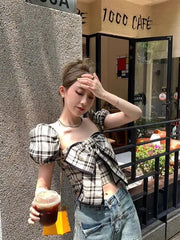 Shdowlass  -  Summer Plaid Bow Plaid Blouses Women Cute Bow Design Vintage Crop Tops Female Puff Sleeve Slim Korean Fashion Clothes