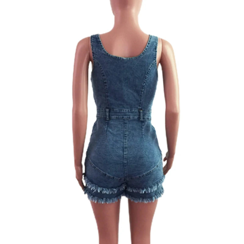 Shadowlass  -  Sexy Front Open Wide Strap Burrs Tassel Slim Cotton Jeans Jumpsuit Denim Playsuit Women Short Rompers Elegance Summer Woman Lady