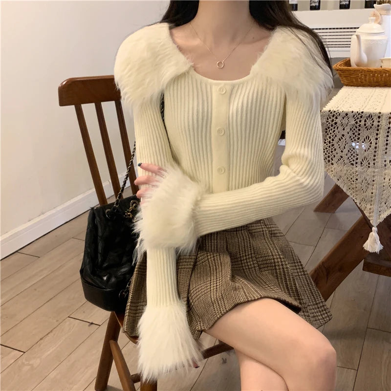 Shadowlass  -  Sweet Hot Girl Fur Patchwork Turn-down Collar Sweater for Women's Winter Flared Sleeves Short Knitted Pullover Female Clothes