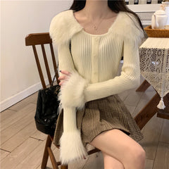 Shadowlass  -  Sweet Hot Girl Fur Patchwork Turn-down Collar Sweater for Women's Winter Flared Sleeves Short Knitted Pullover Female Clothes