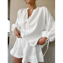 Shadowlass  -  Women's Cotton Linen Shorts Set Original Lace Up Ruffled Edge Design Lantern Sleeves V-neck Top Pleated Loose Shorts 2Pcs Set