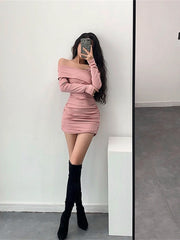 Shadowlass  -  Sexy Strapless Cross Pleated Tight Hip Full Sleeve Fold Mini Dress Pencil Womens Autumn Girl Female Dresses SXYF