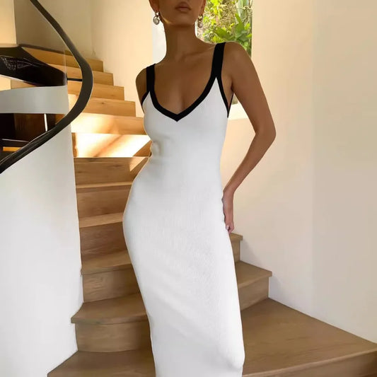 Shadowlass  -  White Knitted Long Dress Summer Women Elegant Strap Slim Beach Dresses Holiday Outfits Fashion Patchwork Back Split Party Dress