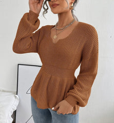 Shadowlass  -  Knitted Fashion Sweaters Autumn Notched V Neck Sweater Knitted Top Casual Cinched Waist Long Sleeve Sweater Women's Clothing