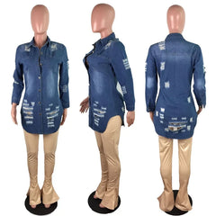 Shadowlass  -  Plus Size Women Clothing Outwears Sexy Hole Cotton Long Sleeve Ripped Jean Jacket Women L-3XL Blue Denim Casual Loose Coat