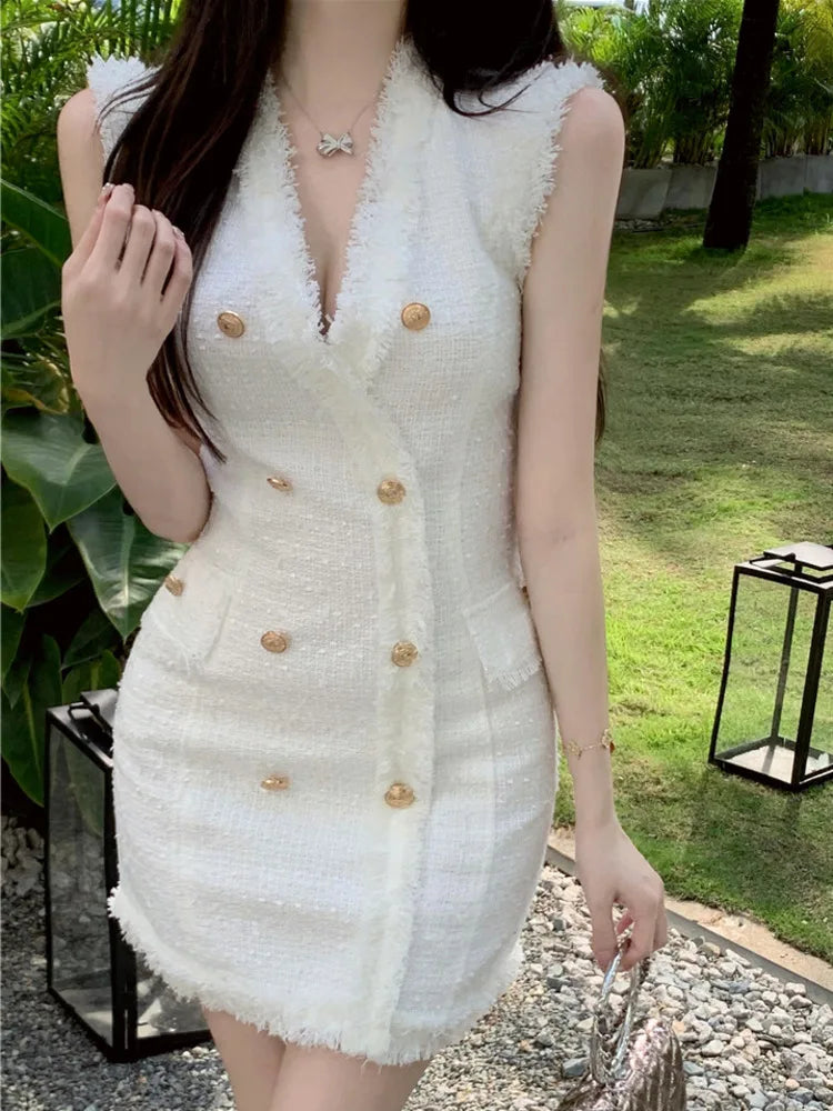 Shadowlass  -  High Quality Korean Fashion Casual Small Fragrance Tweed Dresses Women French Vintage Woolen Summer Dress Elegant Party Vestidos