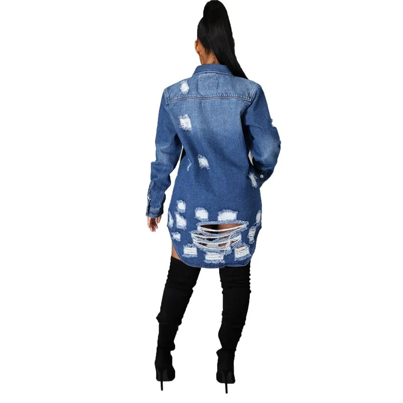 Shadowlass  -  Plus Size Women Clothing Outwears Sexy Hole Cotton Long Sleeve Ripped Jean Jacket Women L-3XL Blue Denim Casual Loose Coat