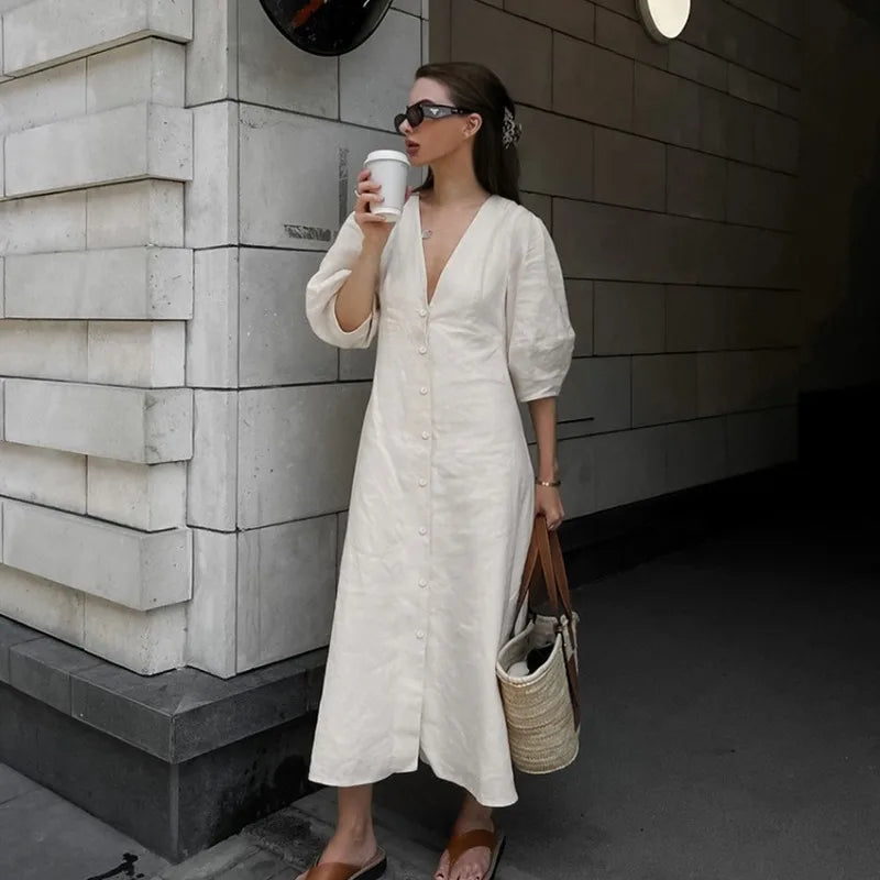 Shadowlass  -  Original V-neck Cotton Linen Backless Dress Spring and Summer Women's Casual Loose Waist Bubble Sleeves A-line Sling Beach Dress