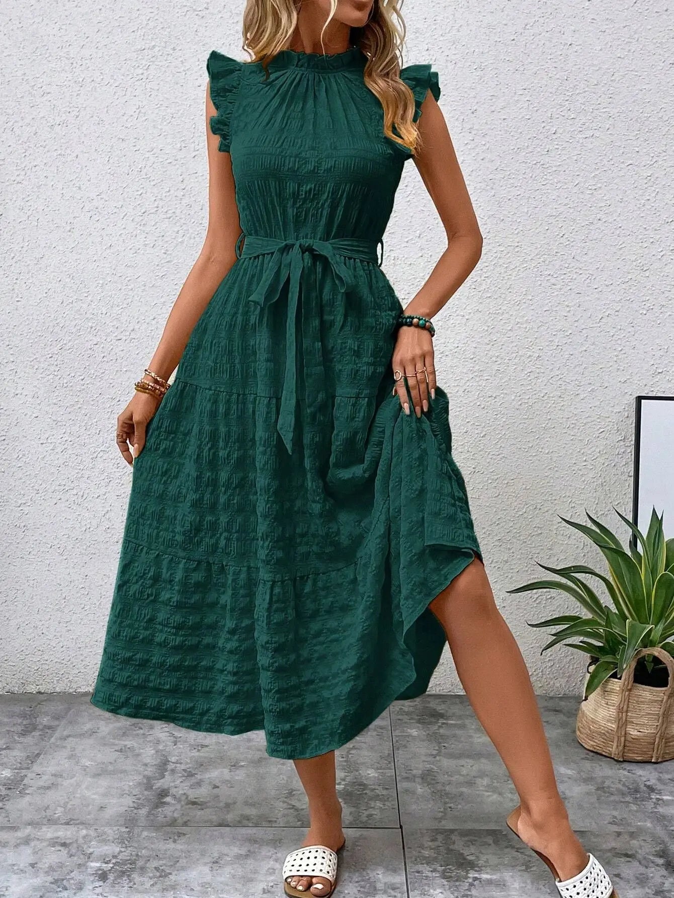 Shadowlass  -  Ladies summer new fashion ruffled flying sleeves lace-up textured dress Office Lady dress