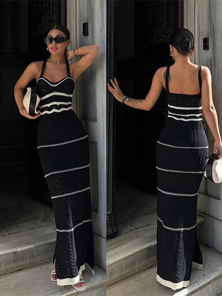 Shadowlass  -  Sexy Hollow Out Spaghetti Strap Long Dress Women Elegant  Contrasting Knitted Backless Side Slit Robe Holiday Party Maxi Dresses