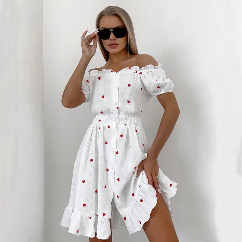 Shadowlass  -  Original Crepe Cotton Hemp Love Printed Dress Spring and Summer Women's Slash Neck Bubble Sleeves Leisure Vacation Beach Dress