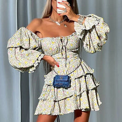 Shadowlass  -  Sexy Strapless Floral Dress Spring and Summer Women's Slash Neck Personal Casual Layered Ruffle Edge Bubble Sleeve Fluffy Dress