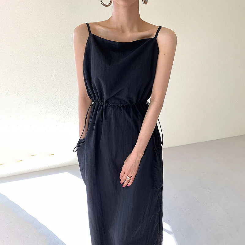 Shadowlass  -  New Spaghetti Strap Long Dress Women Vintage Solid Drawstring Party Dress Summer Holiday Outfit