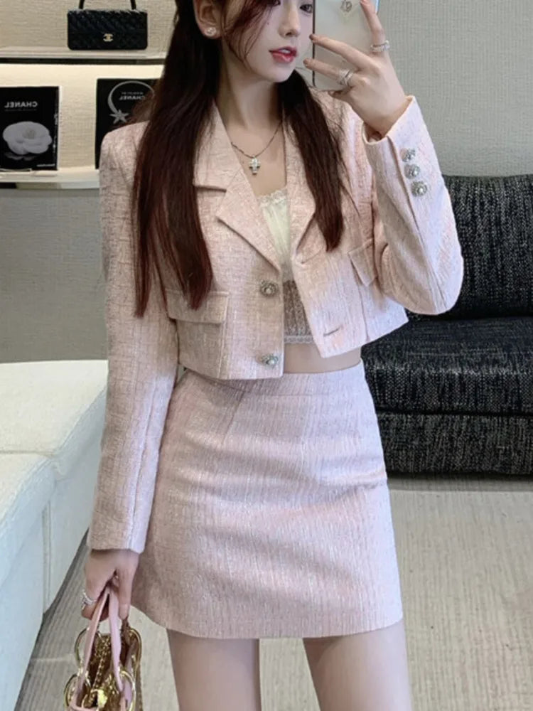 Shadowlass  -  High Quality Tweed Two Piece Set Women Woolen Jacket Coat Crop Top & Bodycon Mini Skirt Suits Autumn Winter Sweet 2 Piece Sets